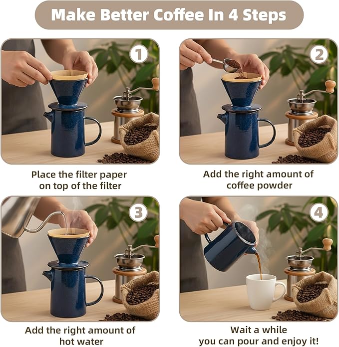Pour Over Coffee Maker, Ceramic Pour Over Coffee Dripper Set With 20 Count Paper Filters, 16.5oz/500ml Coffee Pour Over (Royal Blue, V02)