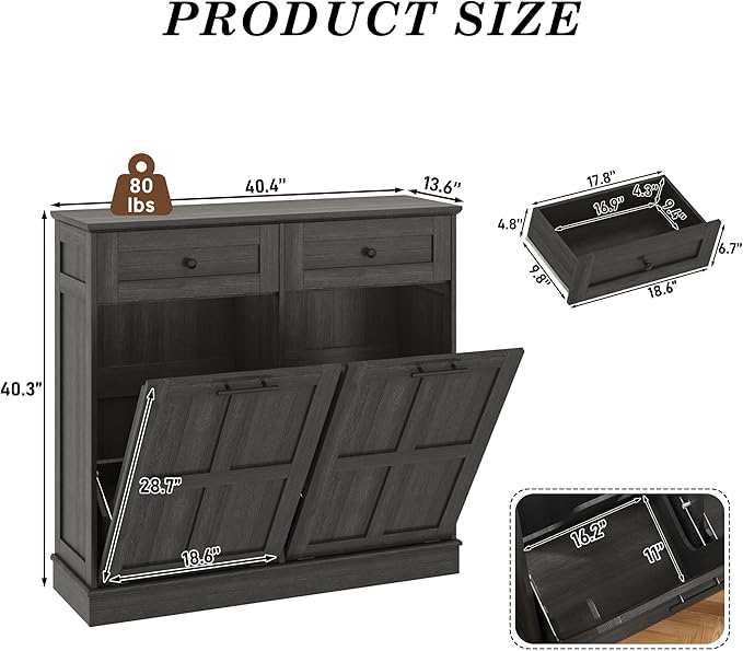 chartustriable Double Trash Can Cabinet, 26 Gallons Farmhouse Hidden Wood Garbage Can Bin Cabinet with Drawers, Tilt Out Laundry Hamper with Laundry Storage Basket for Bathroom, Kitchen, Dark Grey