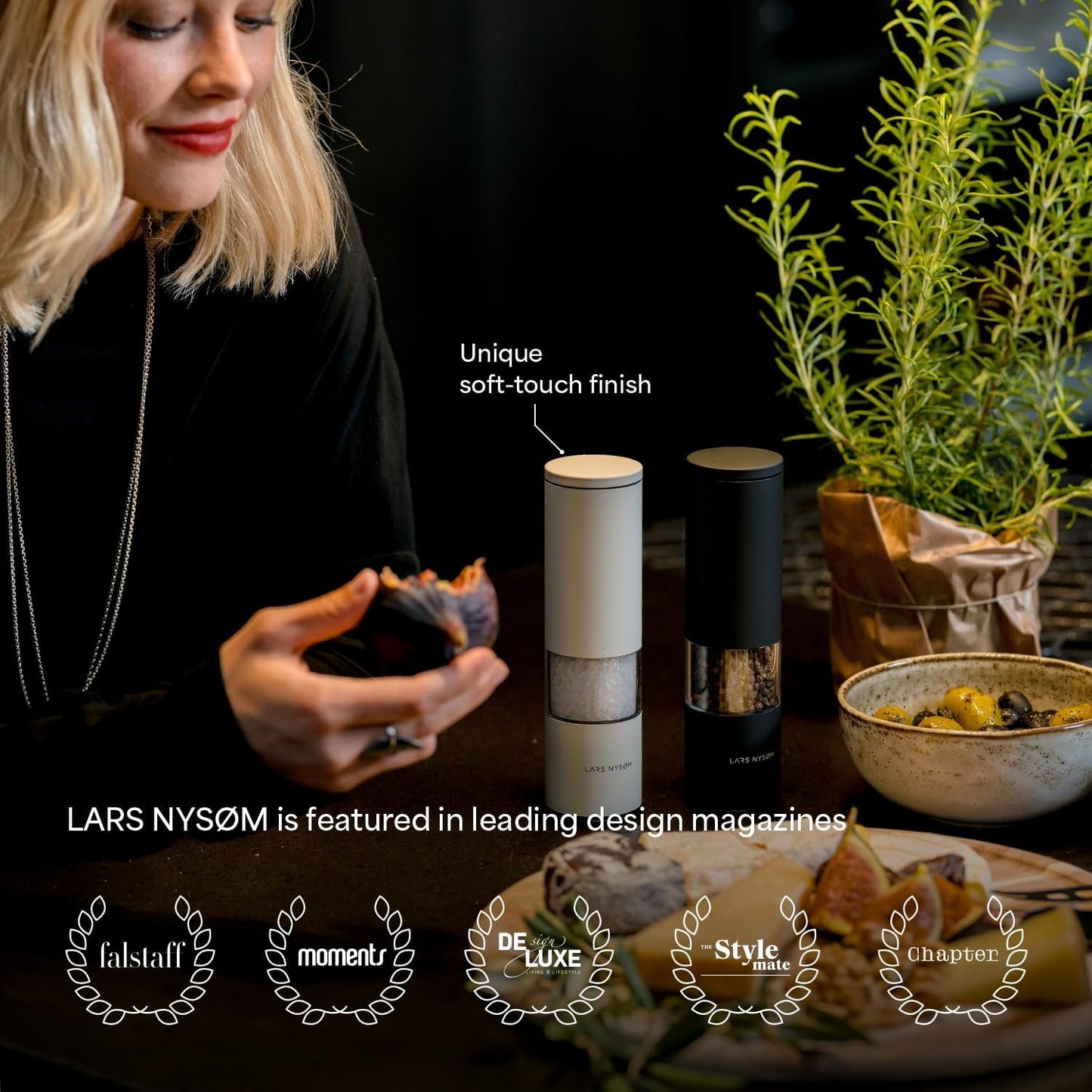 LARS NYSØM Salt and Pepper Grinder Set Manual, Stainless Steel Salt and Pepper Mills with Adjustable Ceramic Grinder I Design Spice Shakers (Almond Beige)