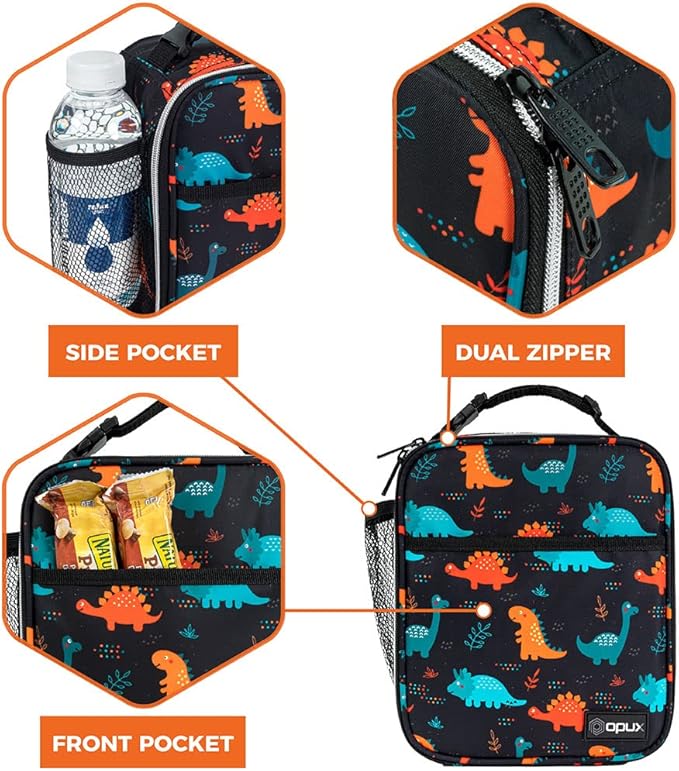 opux Premium Insulated Lunch Box, Soft School Lunch Bag for Kids Boys Girls, Leakproof Small Lunch Pail Men Women Work, Reusable Compact Cooler Tote Lunchbox for Office, Dinosaur