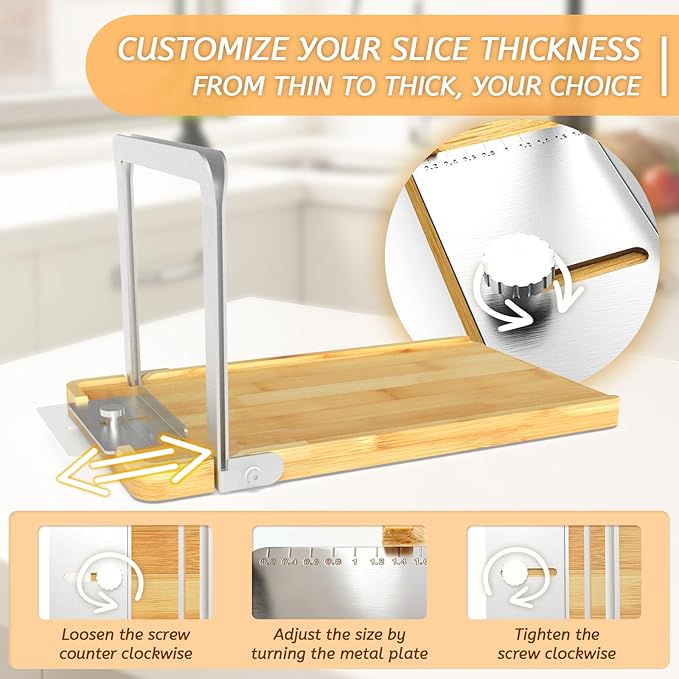 Adjustable Bread Slicer, Foldable Wood & Stainless Steel Guide for Homemade Sourdough, Sandwich & Artisan Loaves up to 6.3”, Space Saver for Small Kitchen, Includes Knife