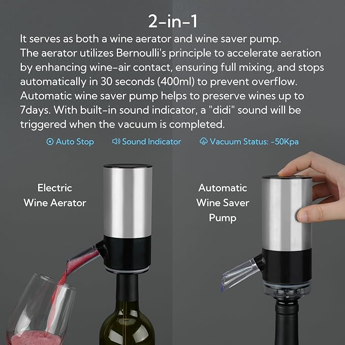 KITCHENDAO Rechargeable Electric Wine Aerator Dispenser and Wine Saver Vacuum Stoppers