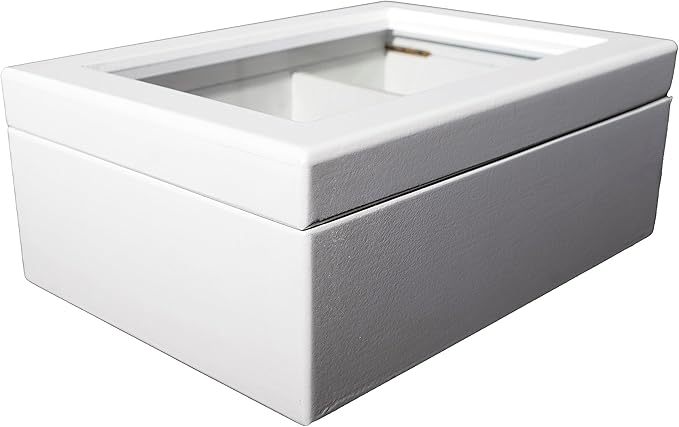 Break Tradition Wooden Tea Organizer For Tea Bags - Wooden Tea Chest With 6 Compartments - Clear Top Window - Lid Stays Open (White)