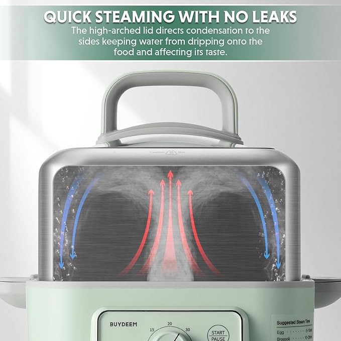BUYDEEM G52 5.3 Quart Electric Food Steamer for 2-4 Servings, Vegetable Steamer for Cooking, 2-hour Keep Warm, 7 Preset Timings, Dual Boil-Dry Protection, Stainless Steel, Cozy Greenish