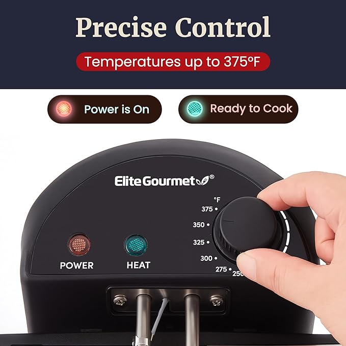 Elite Gourmet Electric Deep Fryer 4.2 Quart Oil Capacity with Temperature Knob, 1 x 4Qt Basket, Powerful 1700 Watts, Lid with Anti-Odor Filter & Viewing Window, Stainless Steel