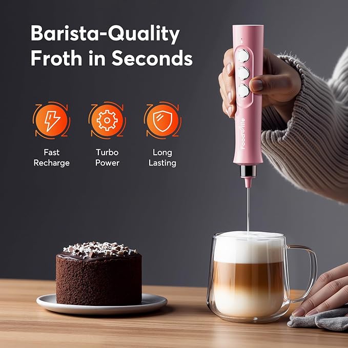 FoodVille MF02 Rechargeable Milk Frother Handheld Foam Maker with Stainless Whisk for Cappuccino, Latte, Bulletproof Coffee, Keto Diet, Protein Powder, Matcha (Coral Pink)