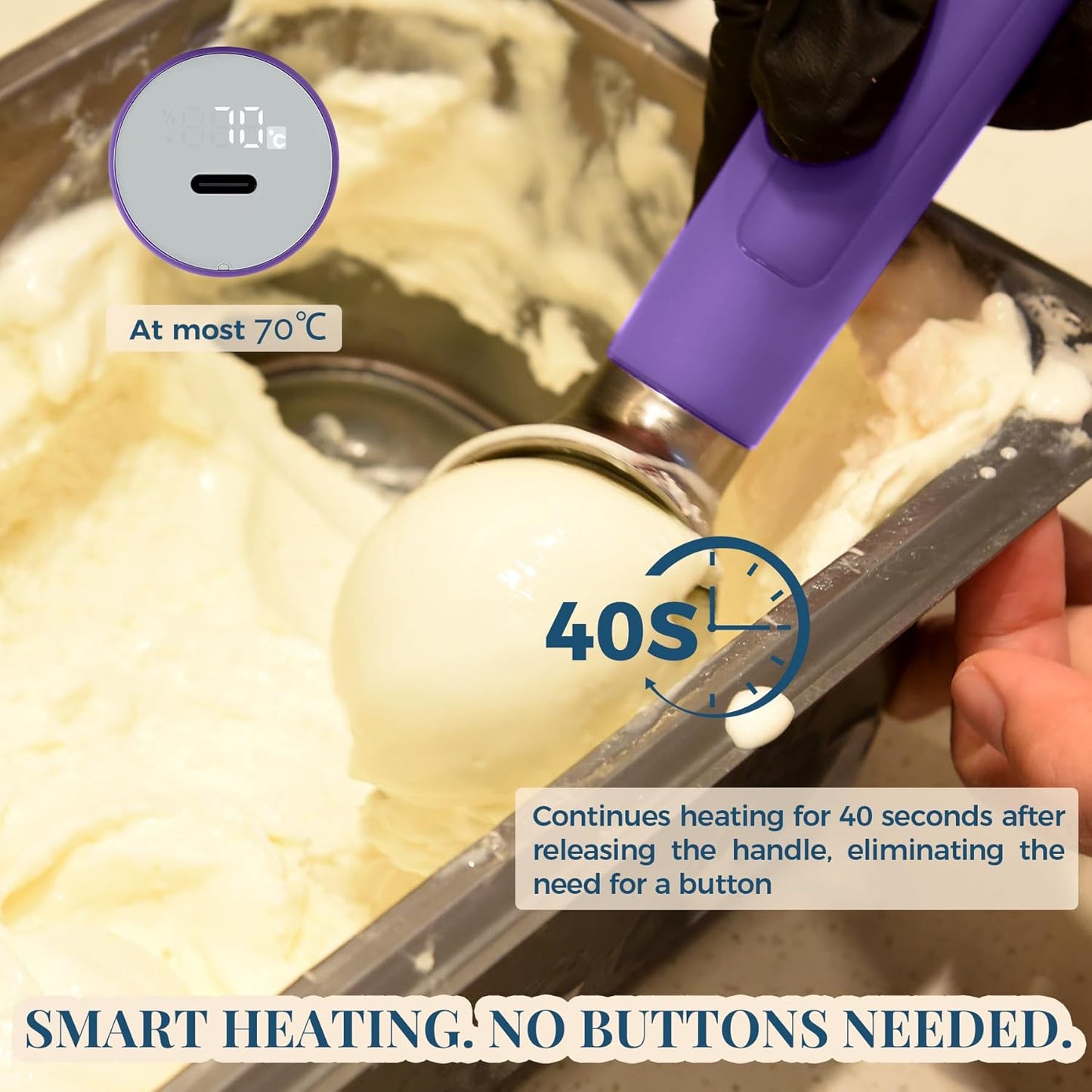 Heated Ice Cream Scoop Rechargeable, Electric Warming Ice Cream Scooper with LED Display, Heats to 158°F for Hard Ice Cream, Easy for Seniors & Kids, IP67 Waterproof (Royal Purple, 2oz)