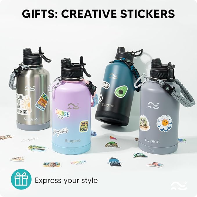Swigina Insulated Water Bottle with Silicone Boot (36hrs Cold/18hrs Hot) - DIY Stickers, [2-in-1 Lid], BPA Free, 64 oz