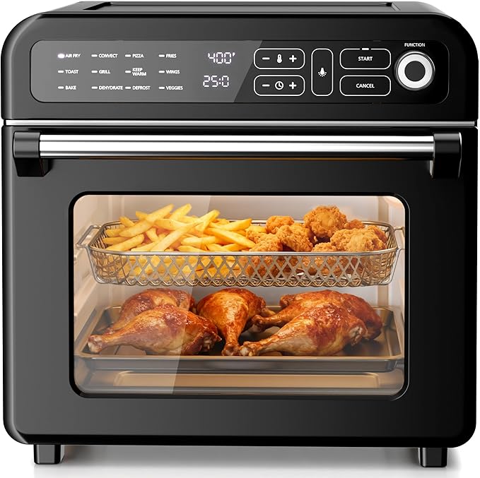 Kismile 18QT Air Fryer Toaster Oven Combo, 12-in-1 Countertop Convection Airfryer Oven, 70–450℉, Bake, Roast, Reheat & Broil, Fits 8–10″ Pizza, Includes Full Accessories, Stainless Steel (Black)