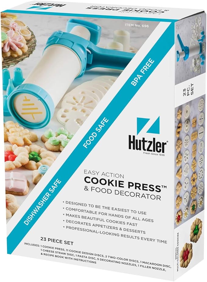 Hutzler 23pc Easy Action Cookie Press and Food Decorator Set - For Simple Decorating of Appetizers and Desserts