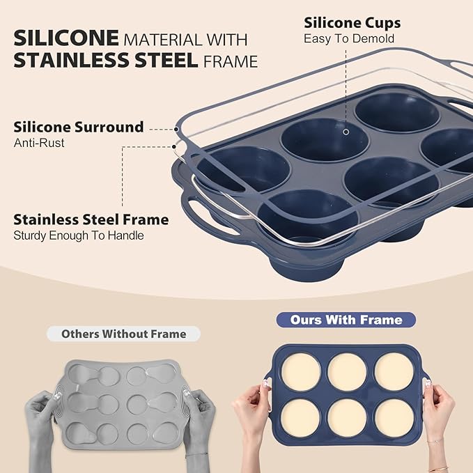 2 Pack Jumbo Silicone Muffin Pan with Metal Frame, Non Stick Silicone Cupcake Pan with Handles 6 Cup, BPA Free Silicon Muffin Tin Tray Extra Large for baking, egg bites, Cupcake Mold Grey