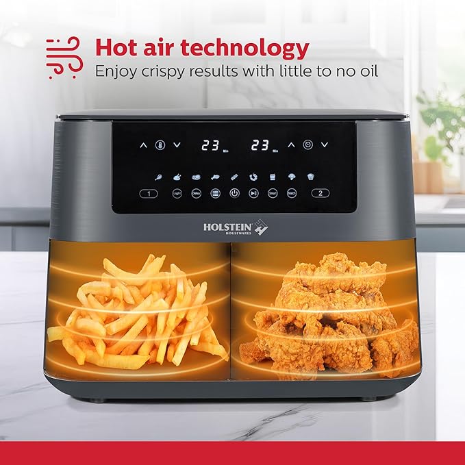 Holstein Housewares 8.4QT Dual Basket Digital Air Fryer with viewing window and led display with 7 preset options. Fry, bake, grill, dehydrate, and roast healthier recipes. Dishwasher Safe