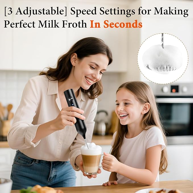 Milk Frother, Rechargeable & Handheld Frother Wand with stand, 3 Speed Adjustable Drink Mixer With 2 Stainless Whisks for Coffee, Matcha, Cappuccino, Egg, Electric Whisk Foam Maker (Black)