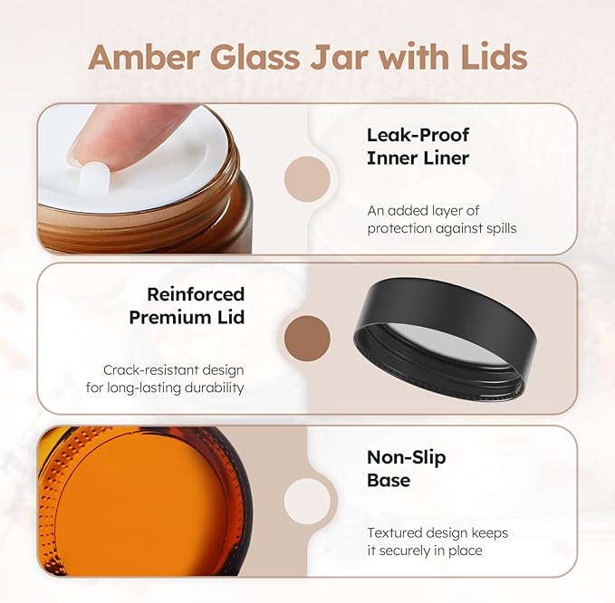 4 oz Glass Jars with Lids, 24 Pack Amber Small Glass Jars with Black Lids Leakproof Round Airtight Empty Cosmetic Travel Containers with Inner Liners For Lotions Powders and Candle Making