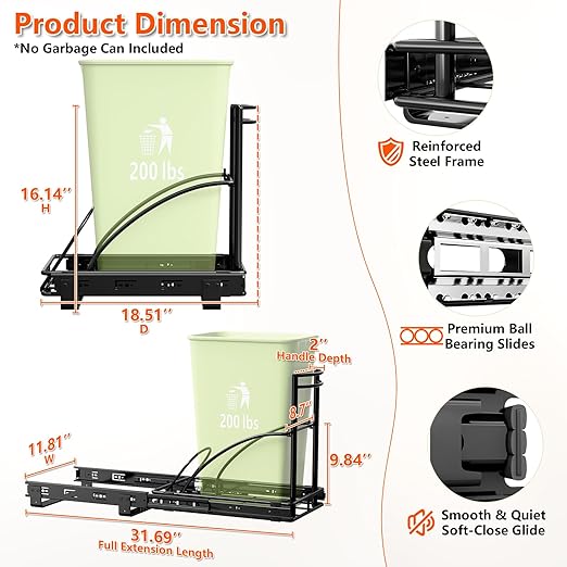Under Sink Trash Can Pull Out, Reinforced Heavy Duty Steel Frame Slider, No Can/Fits 7-13 Gal 50Qt Garbage Bin/Quiet Close Slides, Pull Out Trash Can Under Counter for Minimum Cabinet 13"Wx19"Dx17"H