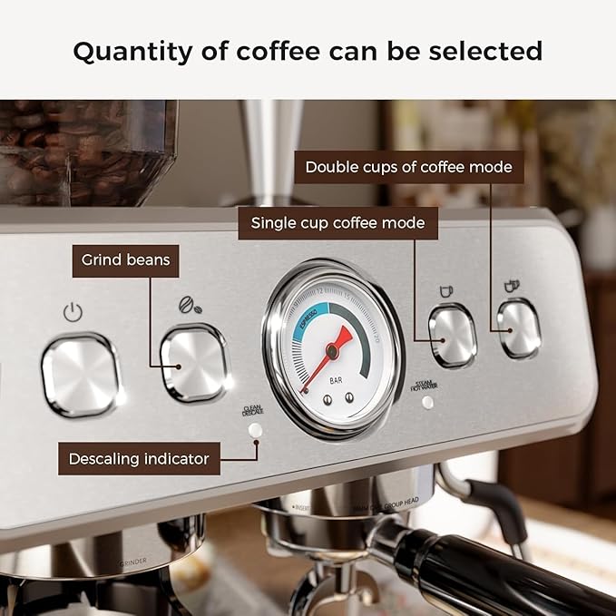 Kismile Espresso Machine with Grinder, 20 Bar Expresso Coffee Machines with Milk Frother, 58mm Expresso Machines for Home, Perfect for Cappuccino & Latte, Stainless Steel(2026 Upgrade)
