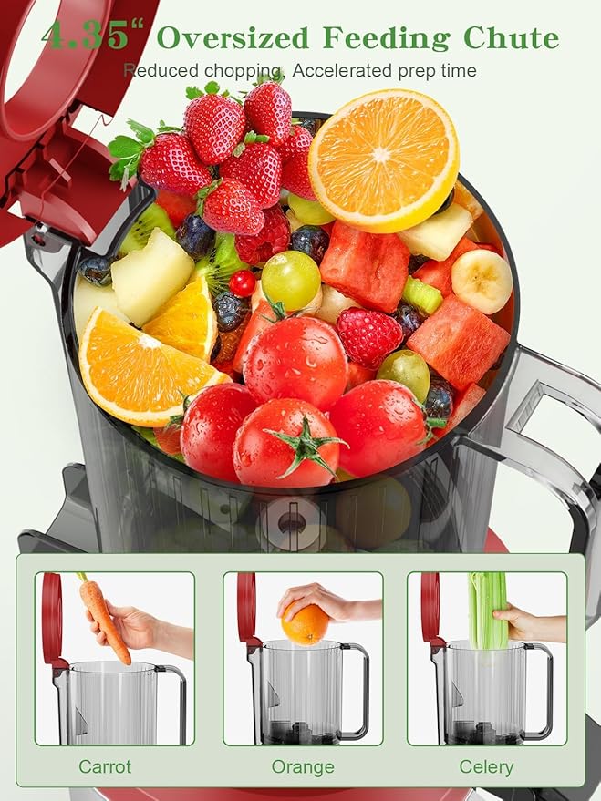 Juicer Machines, Cold Press Juicer for Whole Vegetables & Fruits, Slow Masticating Juicer Maker with Wide Feed Chute, High Juice Yield, Quiet Motor, Easy to Clean, Orange Extractor, Christmas Red