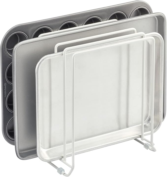 mDesign X-Large Steel Storage Tray Organizer Rack for Kitchen Cabinet - Divided Holder with 5 Slots for Skillets, Frying Pan, Pot Lids, Cutting Board, Baking Sheets - Concerto Collection - White