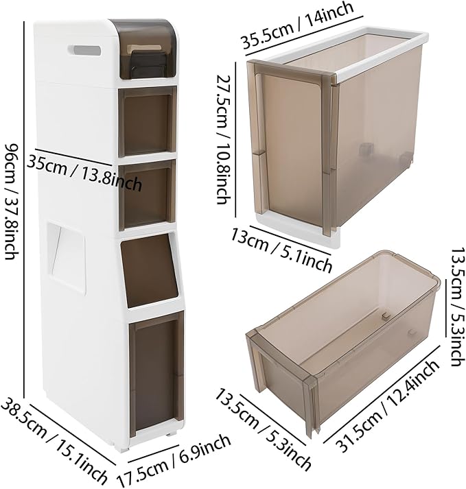 Slim Waterproof Narrow Bathroom Cabinet with Trash Bin Compact Design with Drawers and Toilet Paper Holder Movable Bathroom Organizers for Small Spaces (5Tier/37.8in H)