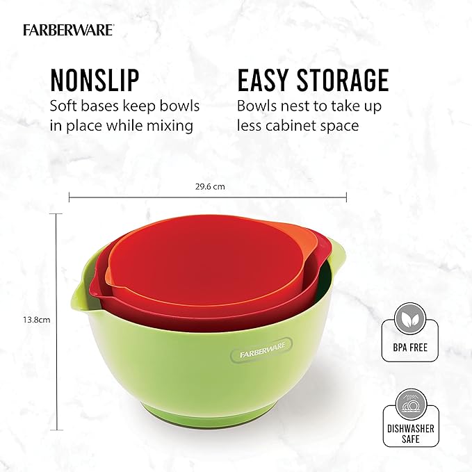 Farberware - 5216128 Farberware Professional Plastic Mixing Bowls, Set of 3, Orange/Red/LightGreen