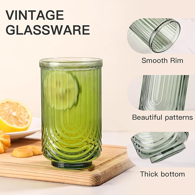 JOVGANK Colored Vintage Glassware Set of 6-17Oz Colorful Water Drinking Glass, Art Deco Ripple Highball Glass, Whiskey Cocktail Glasses, for Bar Ice Coffee Juice, Housewarming, Mother's Day Gift