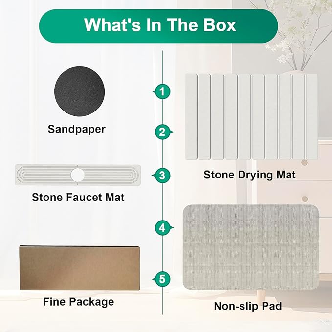 Stone Drying Mat for Kitchen Counter, 24"x16" Water Absorbing Dish Drying Mat with 24"x4" Faucet Mat for Kitchen Sink, Diatomaceous Earth Quick Dry Stone Mats for Dishes Bottles Cups (Off White)
