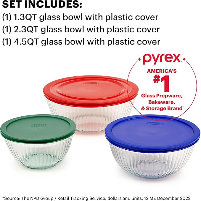 Pyrex Sculpted (3-Pack) Glass Mixing Bowls Set With Plastic Lids For Prepping, Baking and Cooking, Preheated Oven, Dishwasher, Freezer, and Microwave Safe