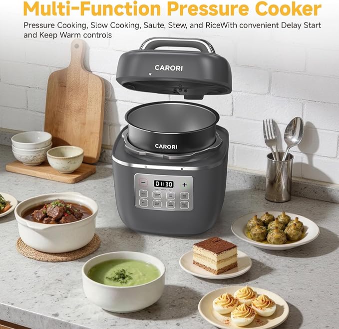 3QT Electric Pressure Cooker, 8-Function Compact Multi-Cooker with Ceramic Nonstick Pot – Saute, Pressure Cook, Slow Cook, Meat Stew, Rice, Delay Start, Keep Warm & Safe Venting, Gray