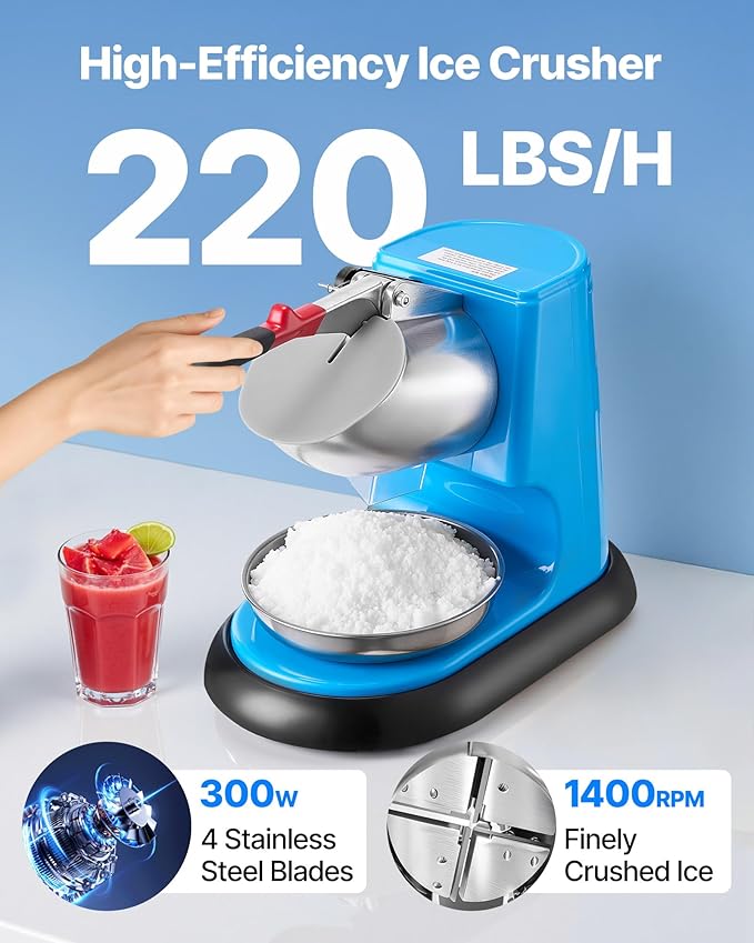 VEVOR Ice Crusher Machine, 220lbs Per Hour Electric 4 Blades Snow Cone Maker, Stainless Steel Shaved Ice Machine with Bowl and Cover, 300W 1400RPM Ice-Shaver for Home and Commercial Use, Blue