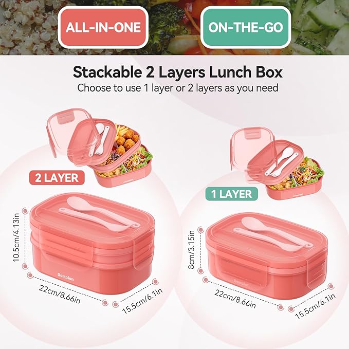 2 Layers Bento Box, All-in-One Stackable Lunch Container with Compartments, 64oz Leakproof Microwave Safe Dishwasher Safe Bento Box with Lunch Bag and Utensil Set for Kids and Adults