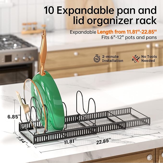 MUDEELA Pots and Pans Organizer Rack for under Cabinet, Expandable Pot Lid Kitchen Cabinet Organizer Holder with 14 Adjustable Compartment Cutting Board Organizer for Pan Lid, Bakeware