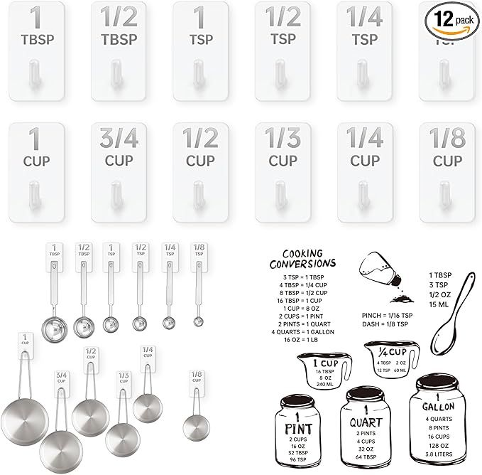 Measuring Cup and Spoon Organizer, 12 Pack Adhesive White Stainless Steel Hooks for Hanging with 6 Kitchen Conversion Chart Stickers, Kitchen Hooks for Space Saving Storage