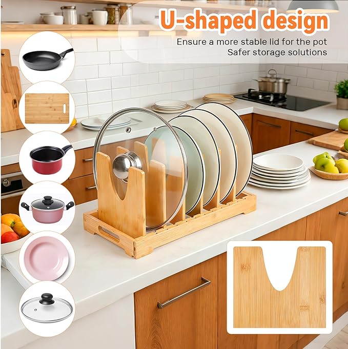 Pot and Pan Organizer for Under Cabinet, Expandable Pot Lid Organizer with 10 Adjustable Dividers, For Kitchen Cabinet Organizers and Storage