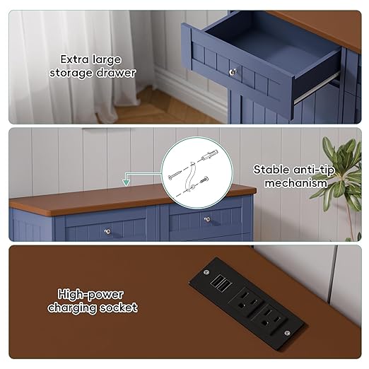 Betterhood Double Tilt Out Trash Cabinet with Power Outlet, 10 Gallon Trash Cabinet with Storage,Pet Proof Trash Can with 2 AC & USB Sockets for Kitchen,Living Room (Blue, Double Door)