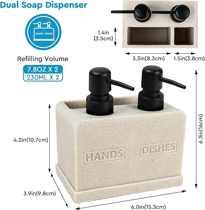 Hand and Dish Soap Dispenser Set for Kitchen Sink,Dual Soap Dispenser with Sponge Caddy and Brush Holder 4-in-1 Countertop Organizer for Kitchen Bathroom,Useful Kitchen Gadgets-Beige