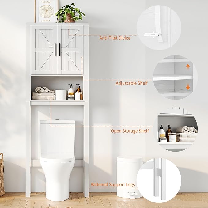 IDEALHOUSE 23.6 Inches Wide Toilet Rack with Over The Toilet Storage Cabinet, Bathroom Shelf Organizer with Anti-Tip Device, Small Freestanding Space Saver with Adjustable Shelf (White 23.6" W)