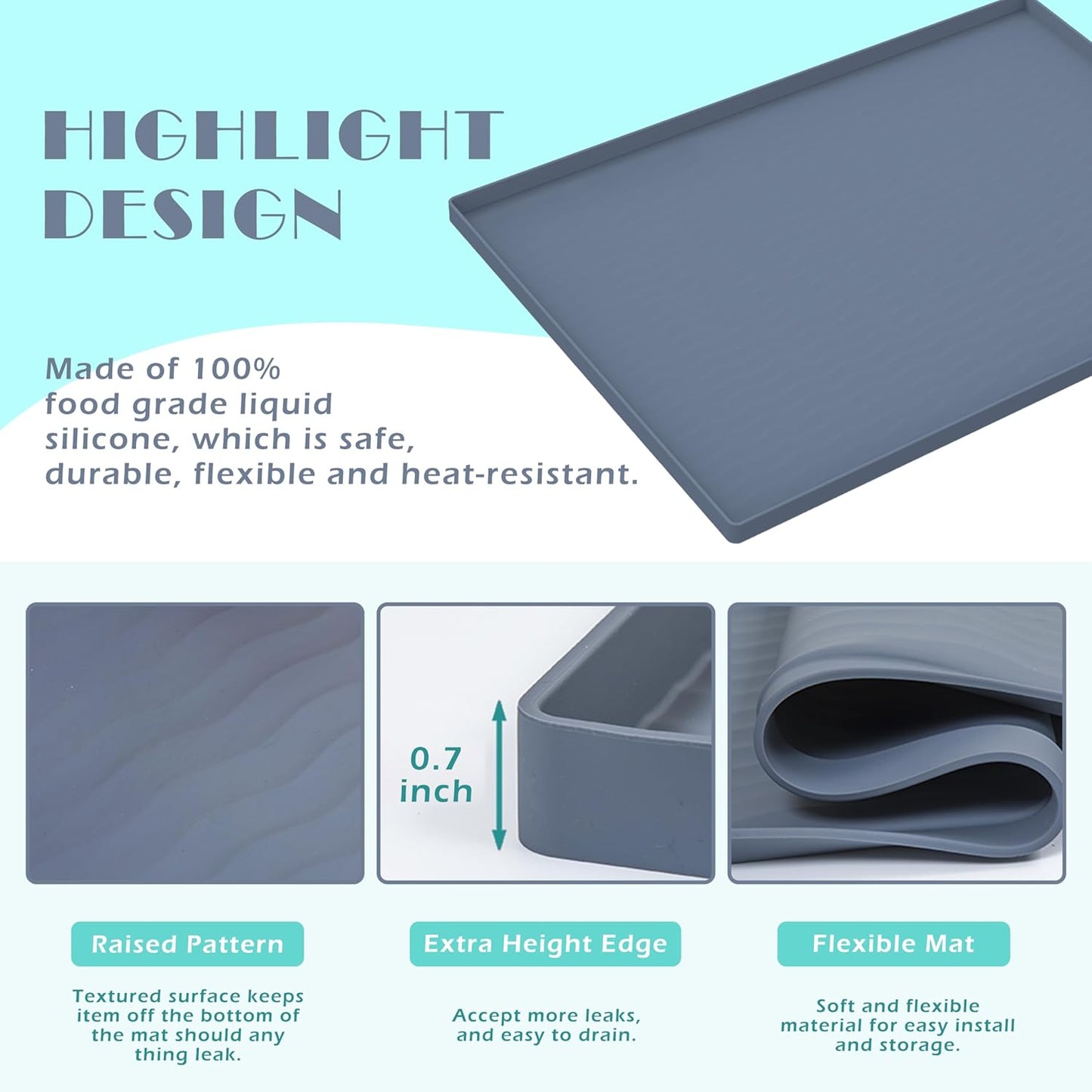URMONA Waterproof Silicone Under Sink Mat 16'' x 10'' Shelf Liner for Kitchen and Bathroom, Cabinet and Counter Protector, Storage and Organizers, Litter Mat, Pet Cat Puppy Essentials(Light Grey)