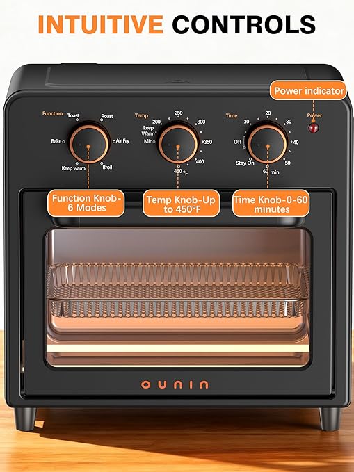 OUNIN Air Fryer & Toaster Oven with Steam Infusion, 12L Compact, Countertop Friendly, Fast Preheat with Bake, Convection Bake, Grill, Broil and Warm Options, 60-Minute Timer, Stainless Steel