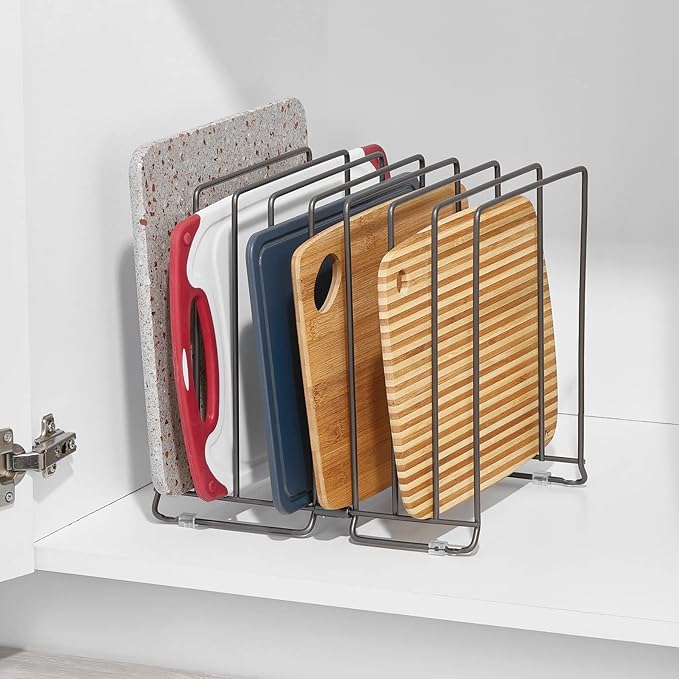 mDesign Large Metal Wire Organizer Rack for Kitchen Cabinet, Pantry, Shelves - Holder with 8 Slots for Baking Sheets, Skillets, Frying Pans, Pots, Lids, Cutting Boards, Appliances - Dark Gray
