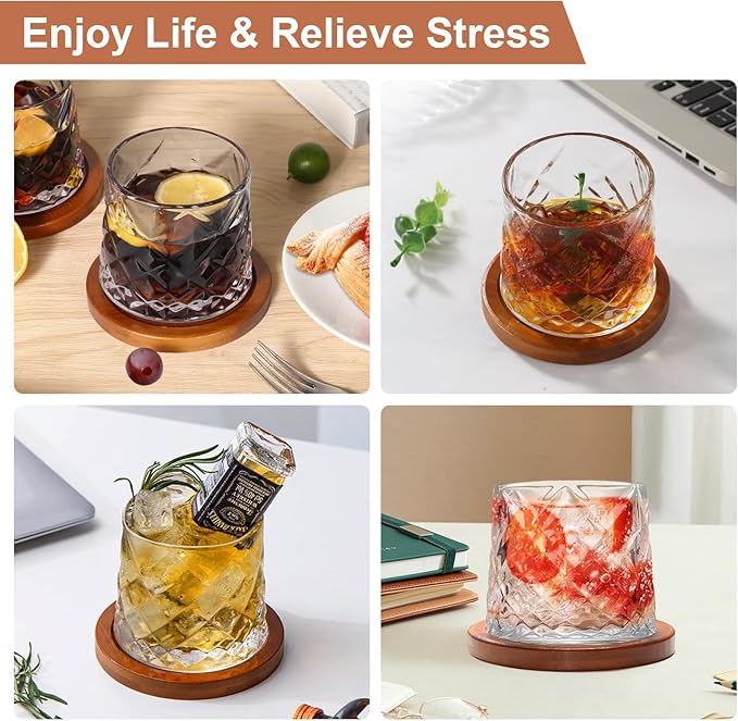 Rotatable Old Fashioned Glass, 275ml/10oz Crystal Whiskey Glass Set of 4, Wood Coaster, Thickening, Used as Rum Glass, Cocktail Cup, Coffee Cup, Milk Cup to Relax and Reduce Stress, Christmas gifts