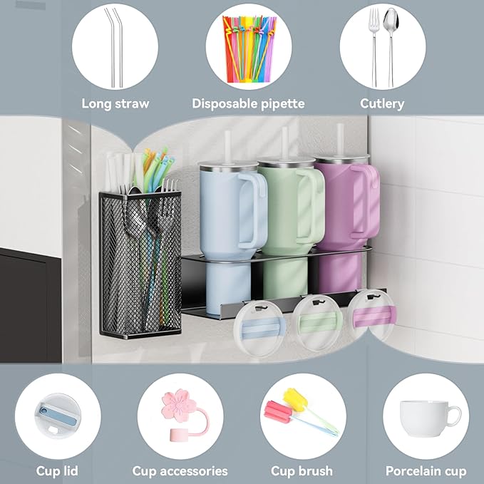 OVICAR Magnetic Cup Holder for Stanley 20/30/40oz - 2 Pack Tumbler Organizer for Refrigerator - Water Bottle Organizer with Straw Basket & 6 Hooks Tumbler Cup Lids Accessories Storage Black
