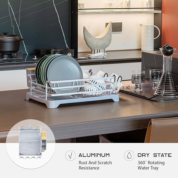 BRIAN & DANY Aluminum Dish Drying Rack, Dish Racks for Kitchen Counter, Dish Drainer with Removable Cutlery Holder & Cup Holder, 16.5" L x 11.8" W, Light Grey
