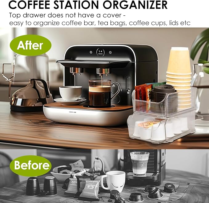 Clear Coffee Pod Holder for Counter, Transparent Coffee Pod Drawer for K Cups, Coffee Pod Storage Organizer Compatible with Nespresso Vertuo 38 Large or 52 Small Pods & Keurig Pods, 2 Tiers
