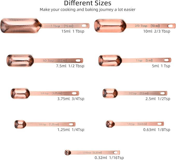 Copper Measuring Spoons Set 10, Stainless Steel Measuring Spoons for Kitchen & Baking, Long Handle Metric & US Metal Measure Spoon with 1/16tsp, 3/3tsp, 2/3tbsp for Spice Jar