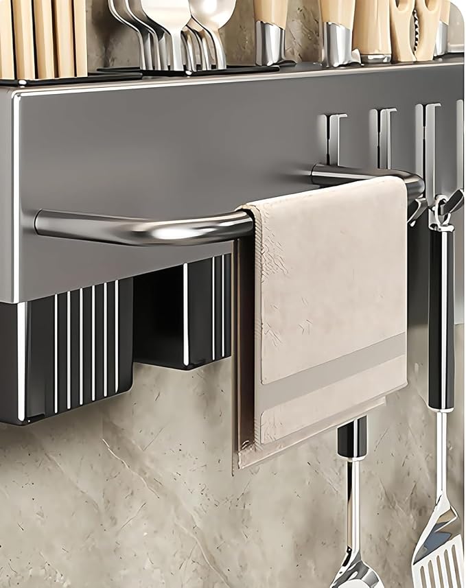 20" Gunmetal Gray Utensil Rack - Space Saving Carbon Steel Wall Organizer with 2 Mounting Types