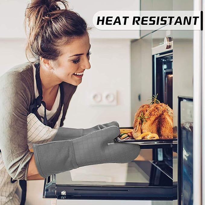 BPA-Free Soft Silicone 4 Piece Oven Mitts & Pot Holders Set - Ultra Heat Resistant Oven Mitts with Thick Cotton Liner - Long Slip Resistant Pot Holders, Flexible Oven Gloves - Navy