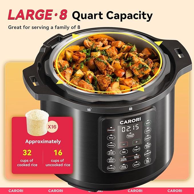 CARORI 1200W 12-in-1 Electric Pressure Cooker 8Qt, Stainless Steel Pressure Cooker, Slow Cook Rice Cooker Steamer Sauté, Yogurt Maker, Warmer & Sterilizer with Recipe, Safer Venting Design, Black