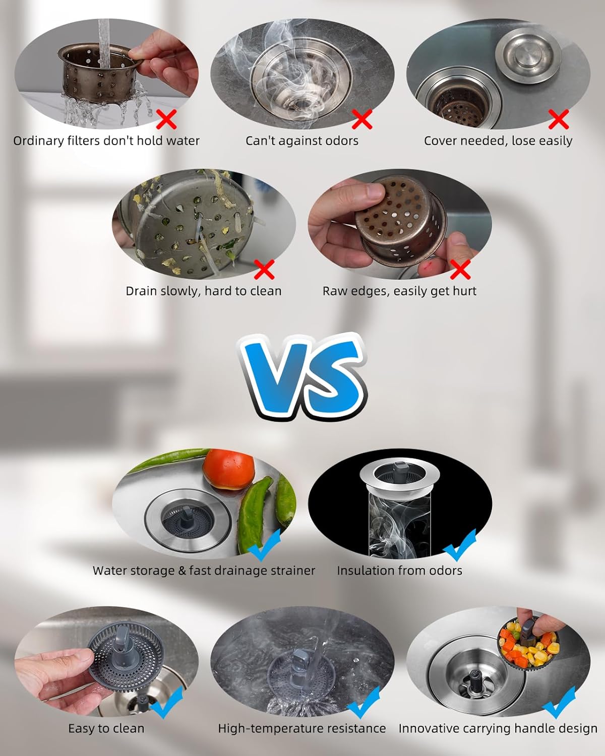 Hibbent Upgraded 2 Pack 3 in 1 Kitchen Sink Drain Strainer and Stopper Combo, Stainless Steel Metal Pop Up Sink Stopper, Anti-Clogging Basket with Foldable Handle for US Standard 3-1/2 Inch Drain
