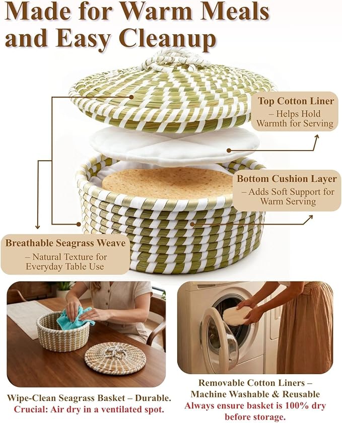 Handwoven Seagrass Tortilla Warmer Basket with Lid, 9.6" Breathable Natural Tortilla Holder with 2 Washable Cotton Liners, Boho Farmhouse Style Server for Tortillas, Roti, Pancake & Flatbread