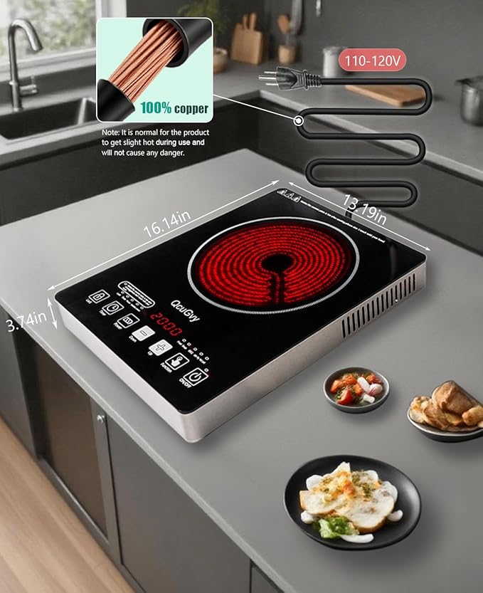 Portable Infrared Burner 2000W Electric Burner with 3 Hours Timer-Electric Hot Plate Touch Control Panel Adjustable Heating Power Glass Plate Electric Cooktop for Cooking (Black 2)